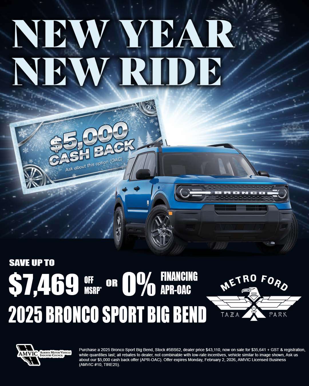 2025 Ford Bronco Sport Big Bend in blue with January sale offer save up to $7,469 at Metro Ford Calgary