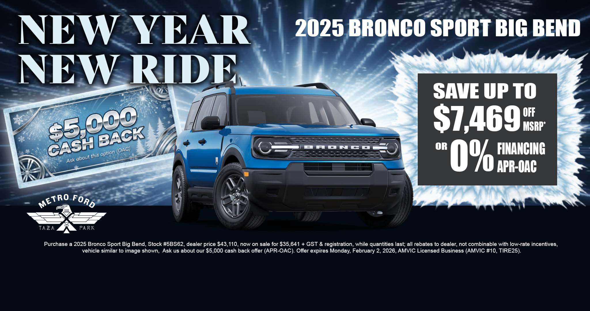 2025 Ford Bronco Sport Big Bend in blue with January sale offer save up to $7,469 at Metro Ford Calgary