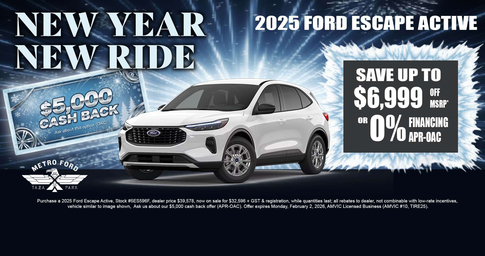 White 2025 Ford Escape Active SUV with save up to $6,999 offer at Metro Ford Calgary