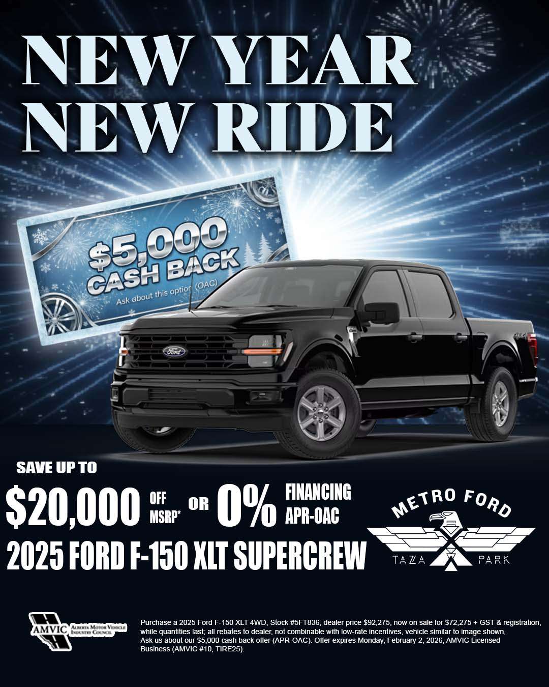 Black 2025 Ford F-150 XLT SuperCrew truck with save up to $20,000 offer at Metro Ford Calgary