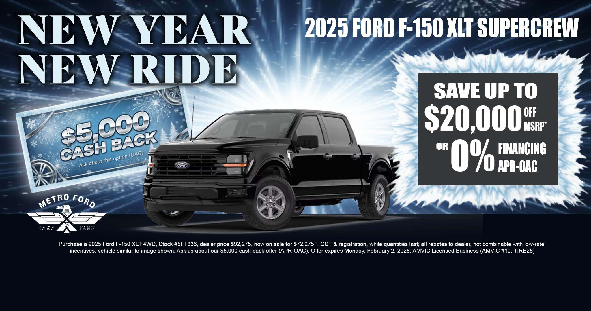 Black 2025 Ford F-150 XLT SuperCrew truck with save up to $20,000 offer at Metro Ford Calgary