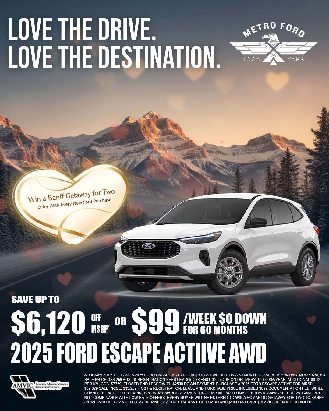 2025 Ford Escape Active AWD Calgary deal $6,120 off or $99 per week payment