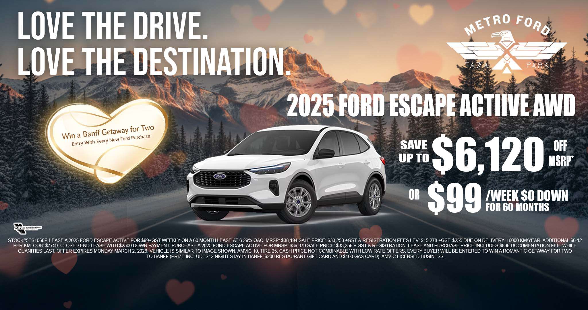 2025 Ford Escape Active AWD Calgary deal $6,120 off or $99 per week payment