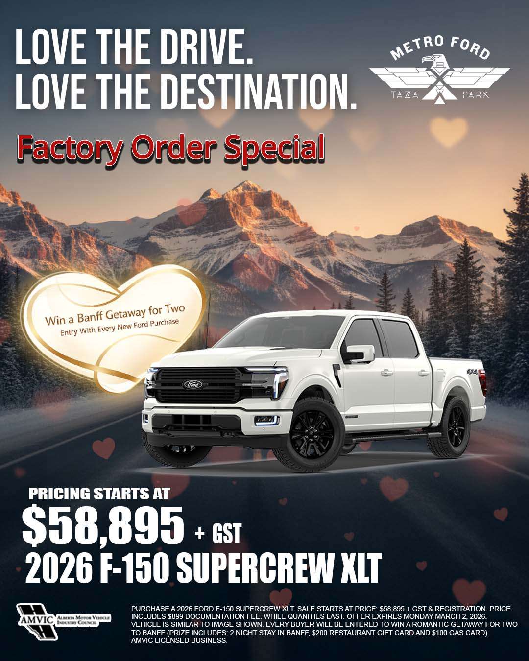 2026 Ford F-150 SuperCrew XLT factory order special Calgary starting at $58,895 with Banff getaway entry