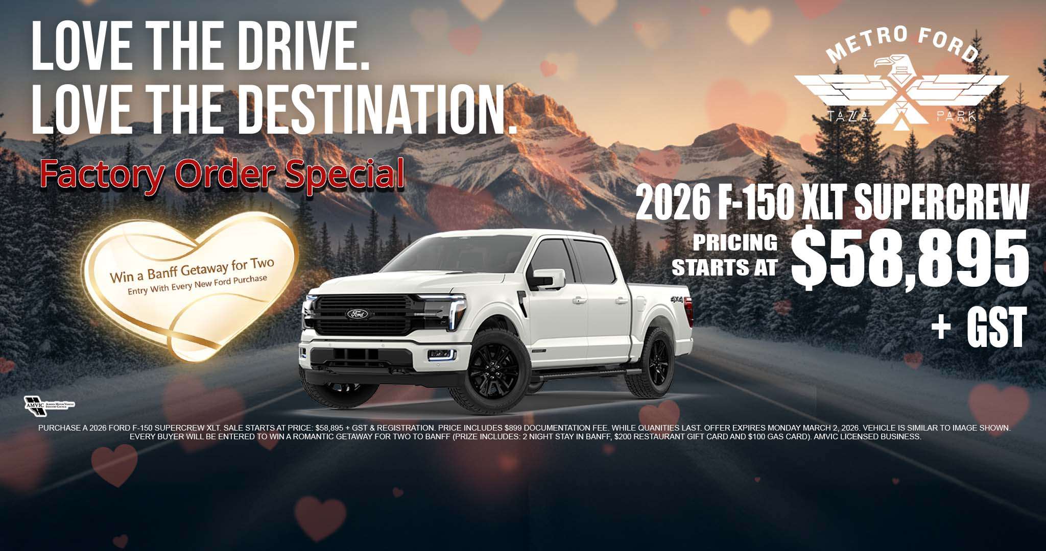 2026 Ford F-150 SuperCrew XLT factory order special Calgary starting at $58,895 with Banff getaway entry