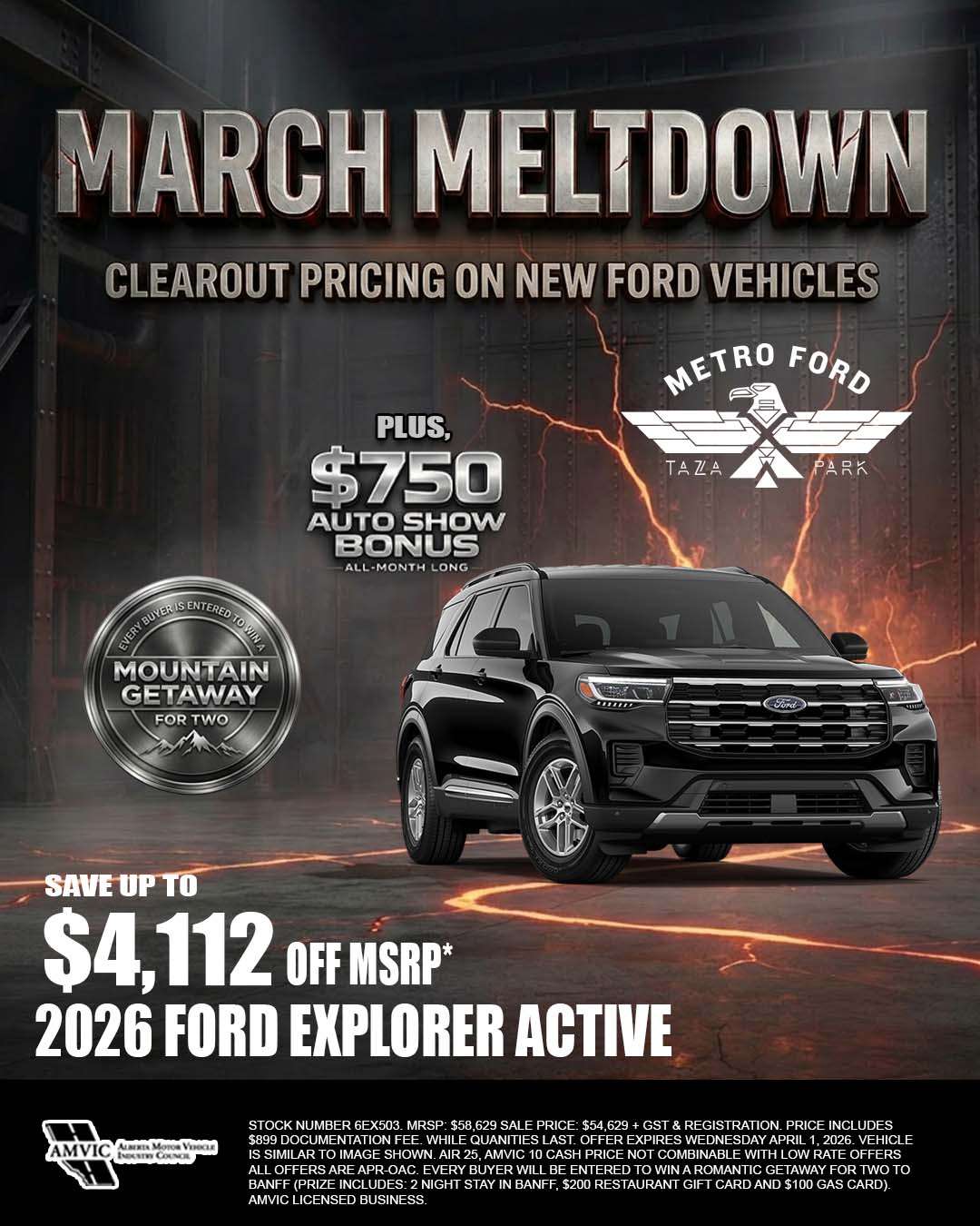 2026 Ford Explorer Active SUV with March Meltdown discount offer at Metro Ford Calgary