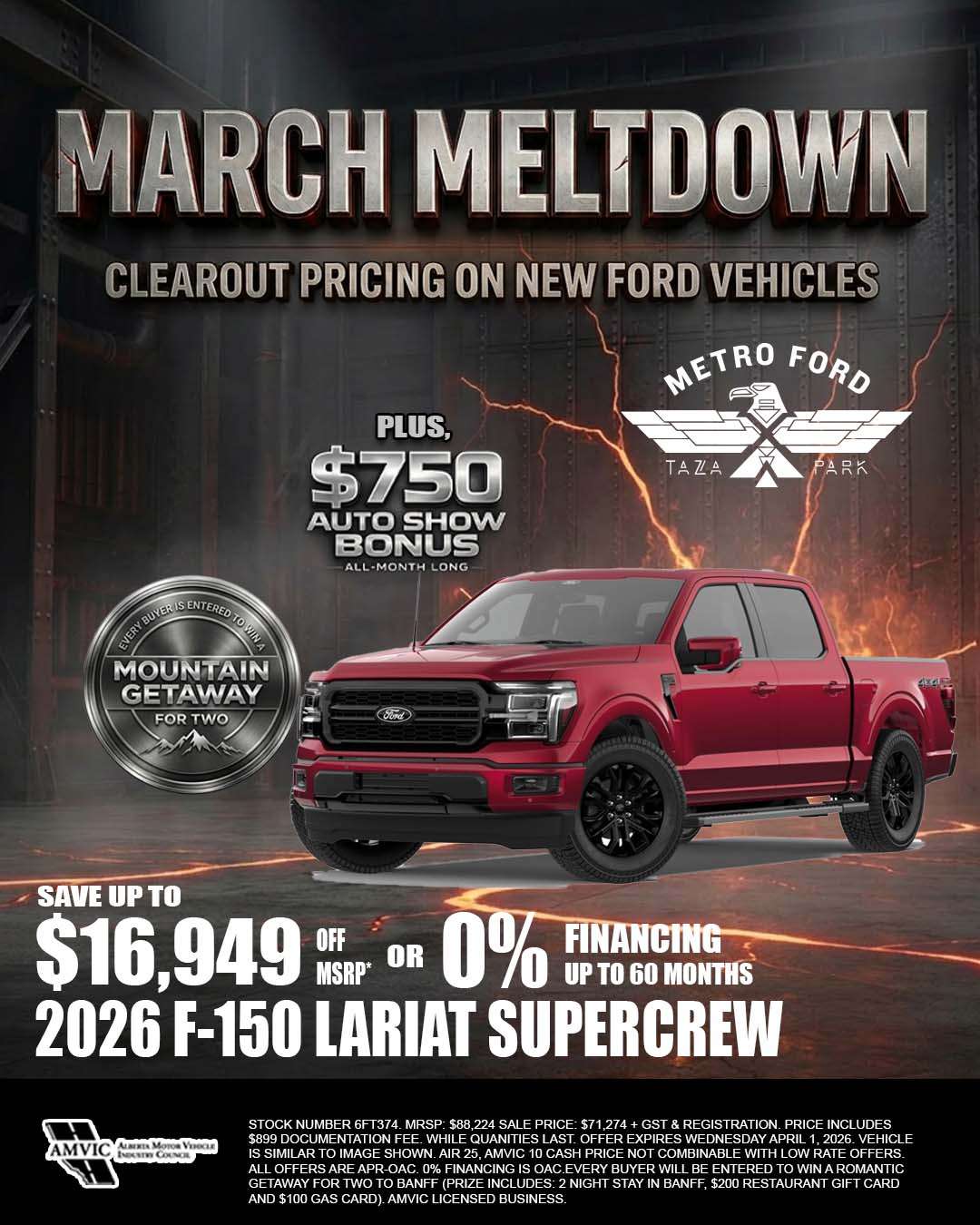 2026 Ford F-150 Lariat SuperCrew truck with March Meltdown savings at Metro Ford Calgary