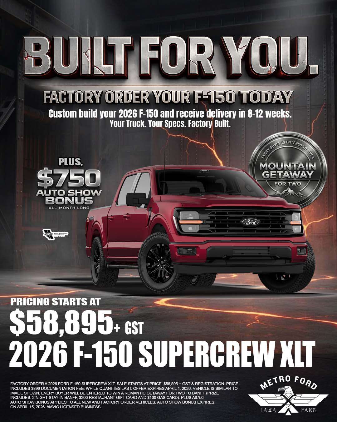 Custom order 2026 Ford F-150 SuperCrew XLT truck at Metro Ford Calgary during March Meltdown event