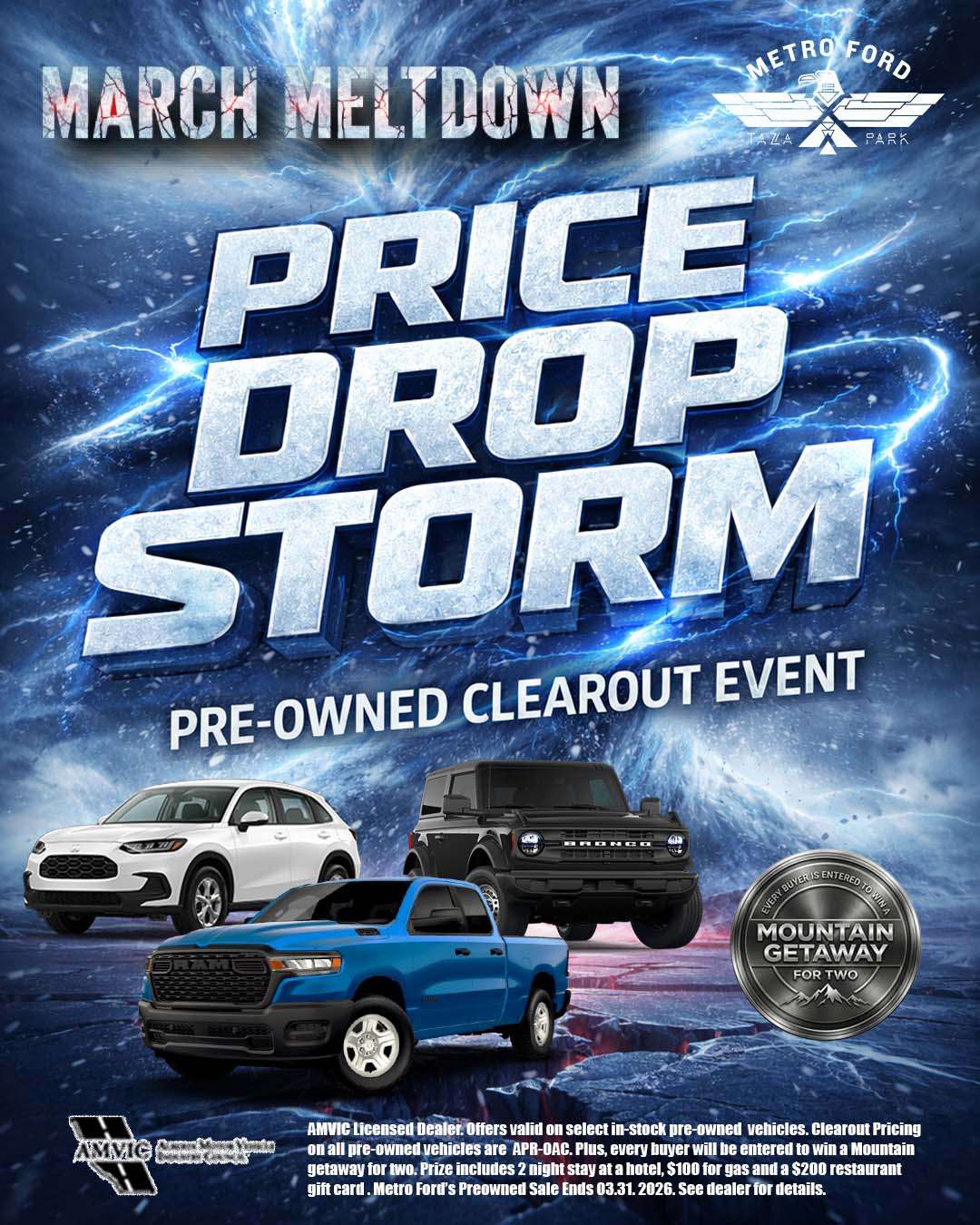Metro Ford pre owned vehicle sale in Calgary featuring Price Drop Storm clearance pricing