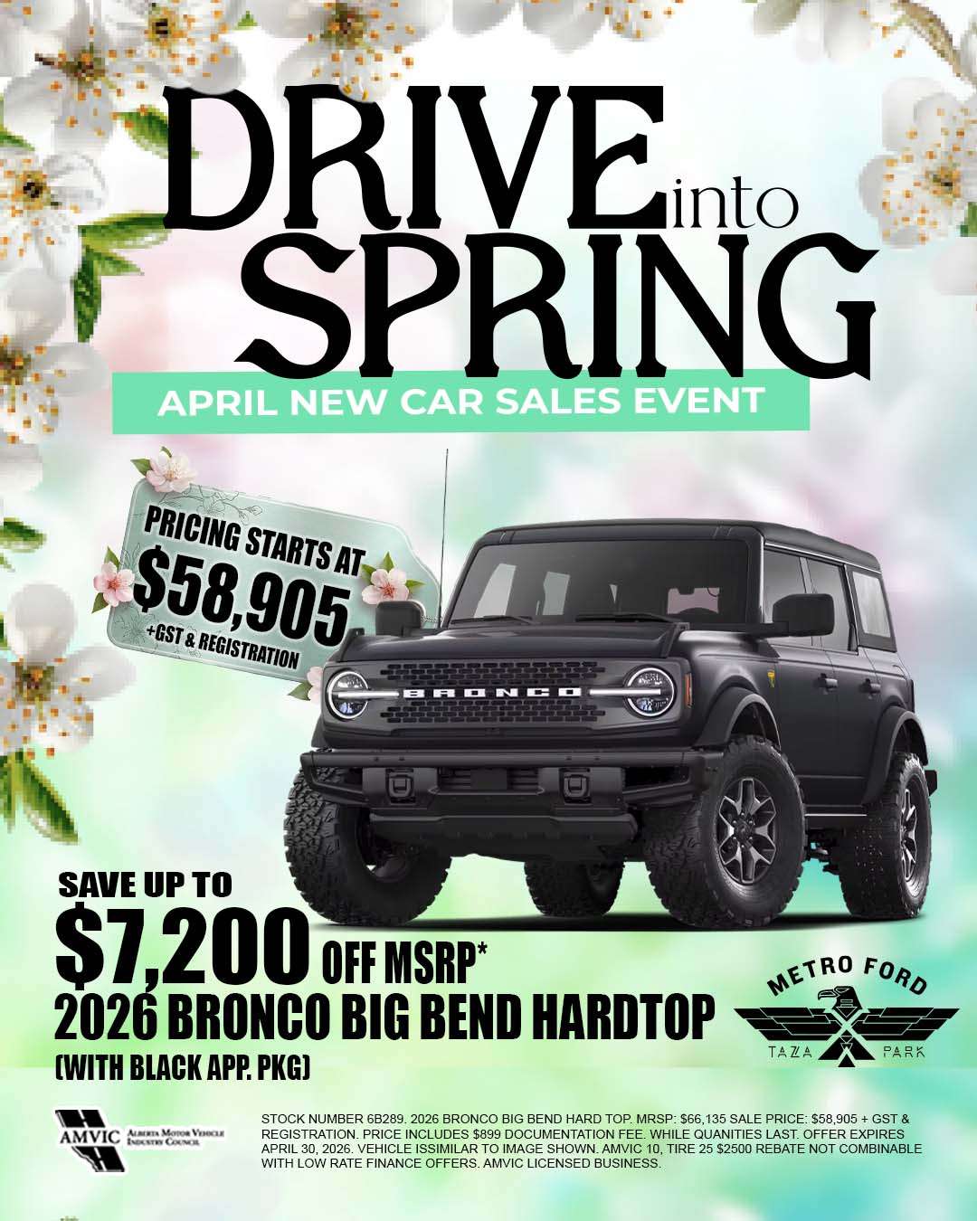 2026 Ford Bronco Big Bend Hardtop for sale Calgary Alberta spring sales event price 58905