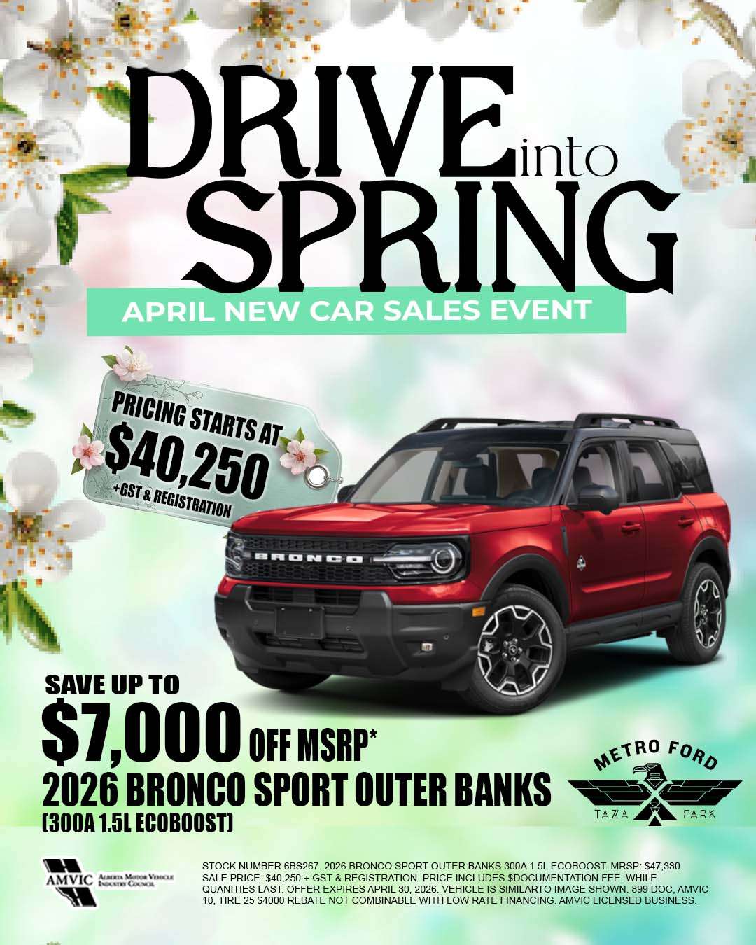 2026 Ford Bronco Sport Outer Banks for sale Calgary Alberta spring sales event price 40250