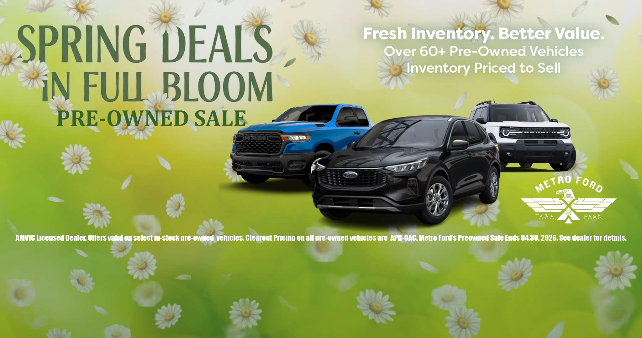 Metro Ford Calgary spring pre-owned vehicle sale featuring Ford Escape, Ram truck and Bronco Sport with over 60 used vehicles available