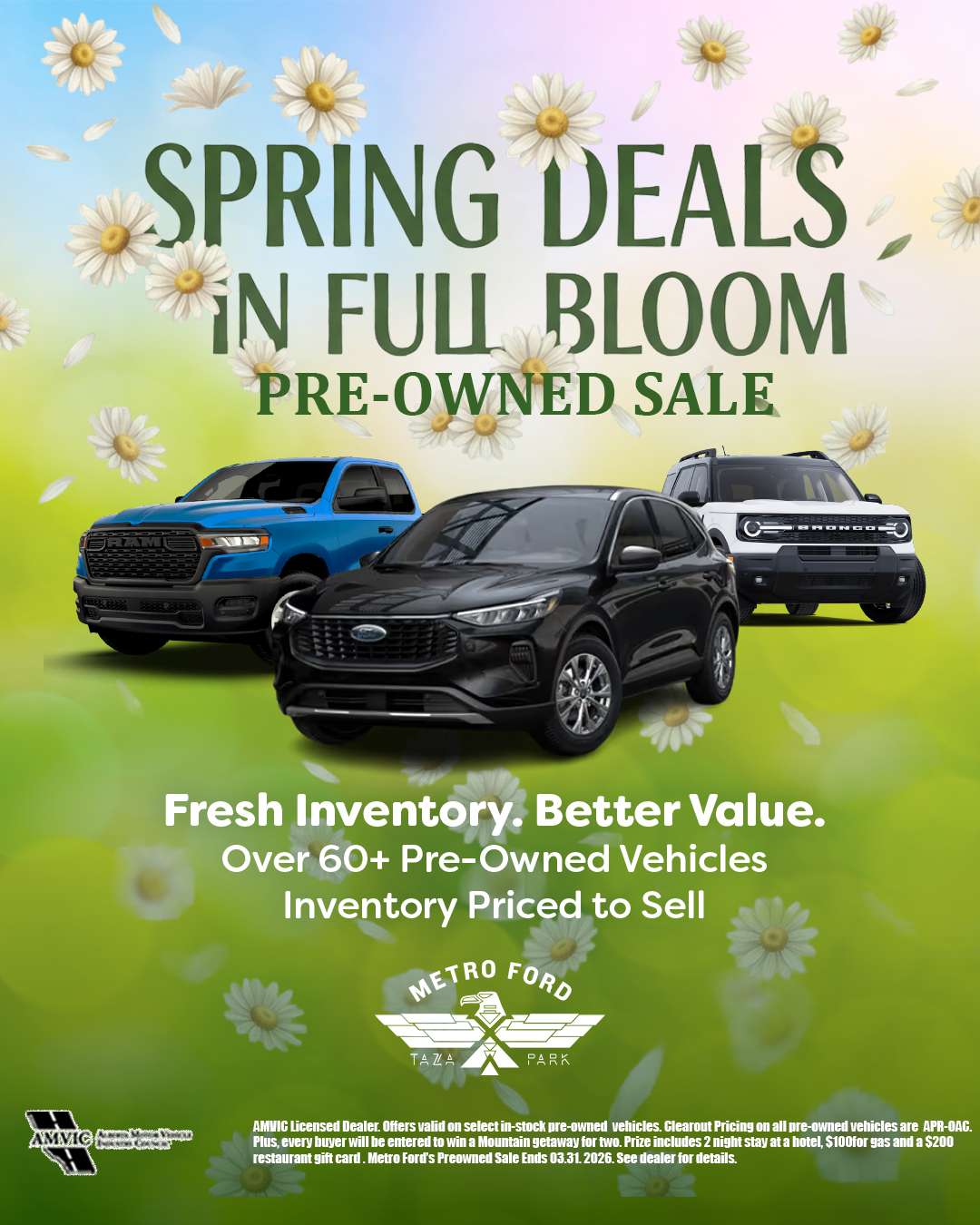 Metro Ford Calgary spring pre-owned vehicle sale featuring Ford Escape, Ram truck and Bronco Sport with over 60 used vehicles available