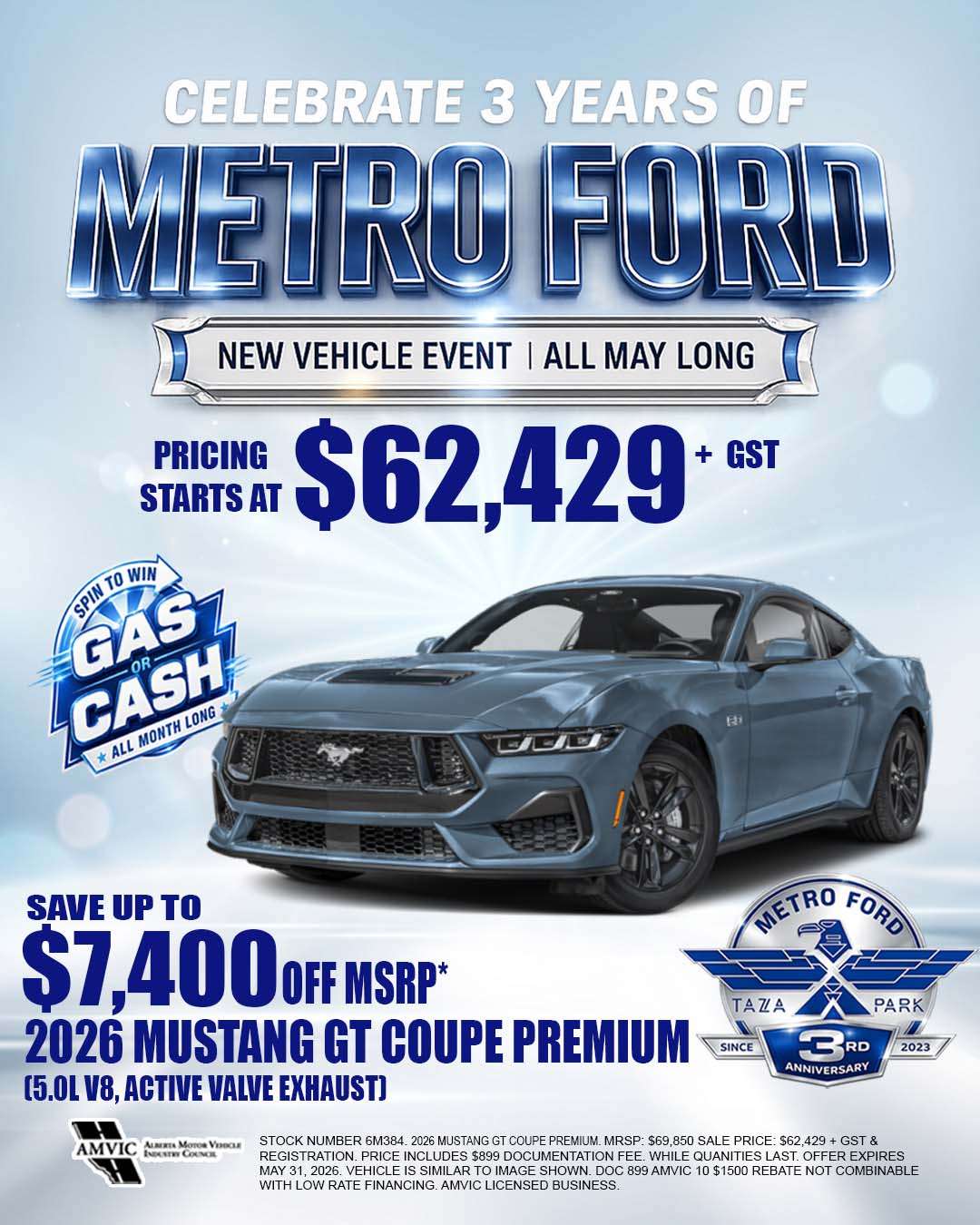 2026 Ford Mustang GT Coupe Premium on sale during Metro Ford’s 3rd Anniversary Event in Calgary