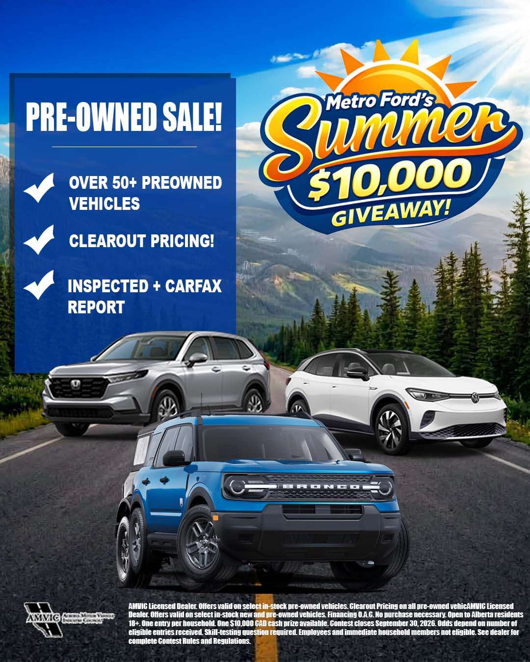 Metro Ford pre-owned vehicle sale in Calgary featuring over 50 inspected used vehicles with CARFAX reports and summer giveaway promotion.