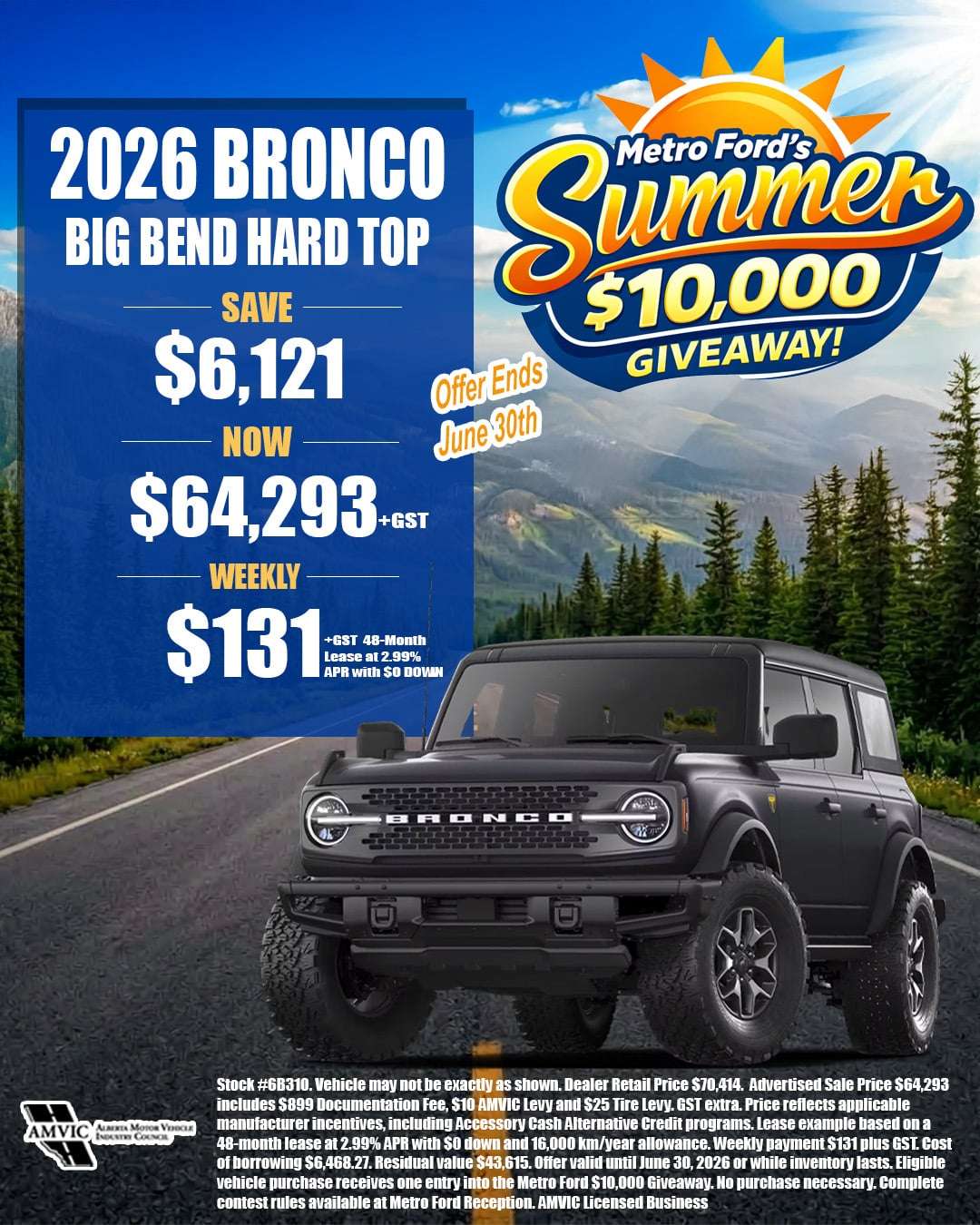 2026 Ford Bronco Big Bend Hard Top for sale in Calgary Alberta with summer sale pricing and $10000 giveaway entry