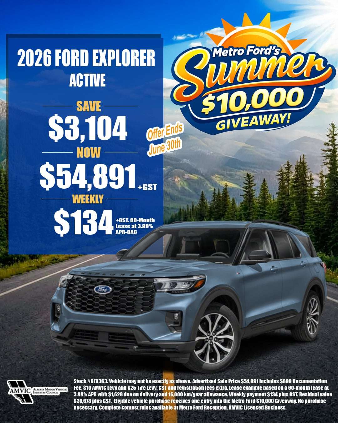 2026 Ford Explorer Active for sale in Calgary Alberta with summer sale pricing and $10000 giveaway entry