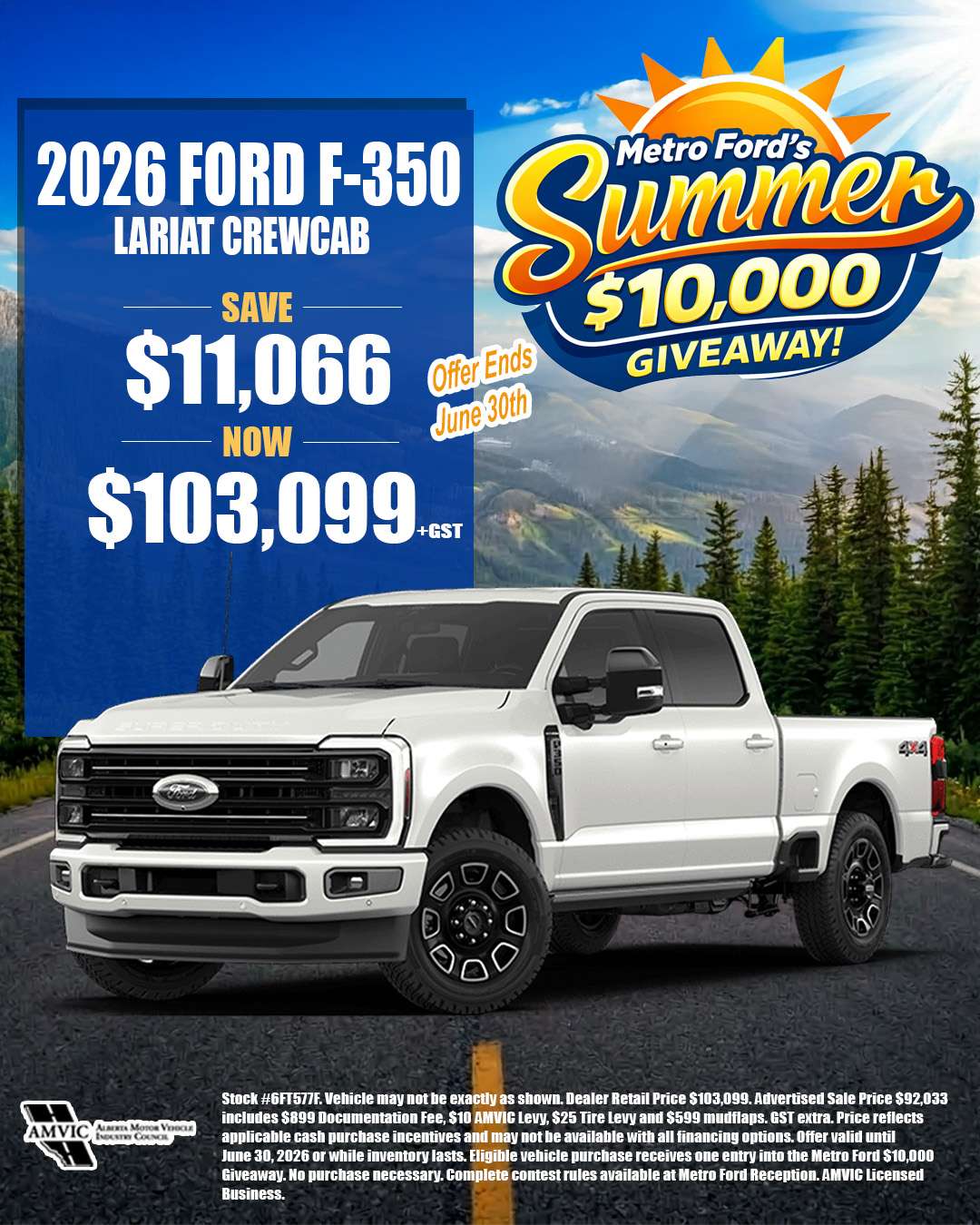 2026 Ford F-350 Lariat Crew Cab for sale in Calgary Alberta with summer sale pricing and $10000 giveaway entry