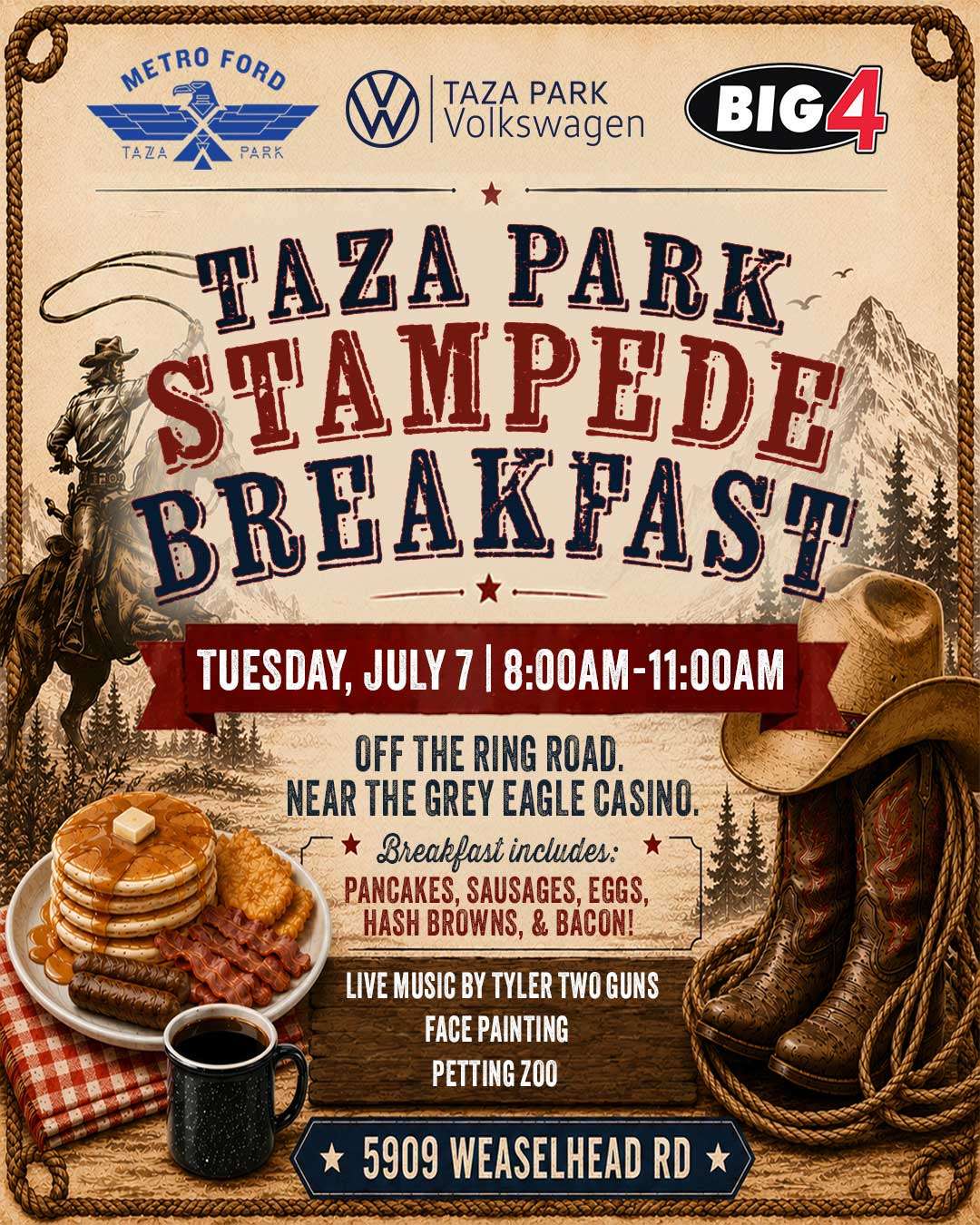 2026 Taza Park Stampede Breakfast hosted by Metro Ford, Taza Park Volkswagen and Big 4 Motors in Calgary on July 7 featuring free pancakes, eggs, bacon, sausages, hash browns, live music and family activities.