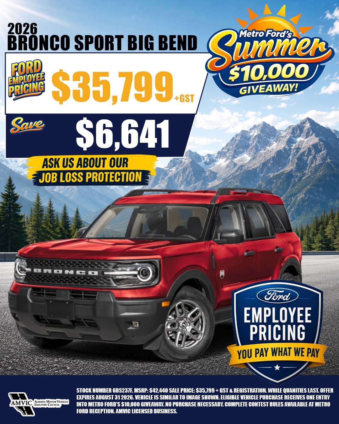 Red 2026 Ford Bronco Big Bend available with Ford Employee Pricing at Metro Ford Calgary.