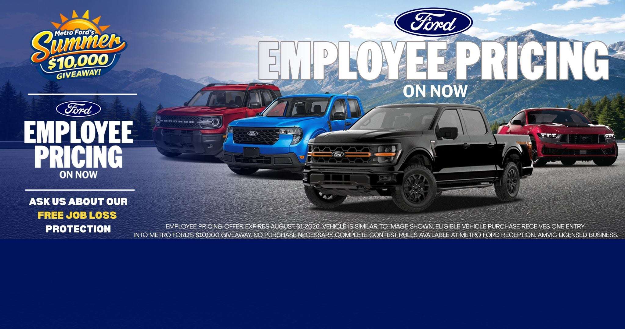 2026 Ford Employee Pricing banner featuring the Ford F-150, Maverick, Bronco Sport and Mustang at Metro Ford Calgary.