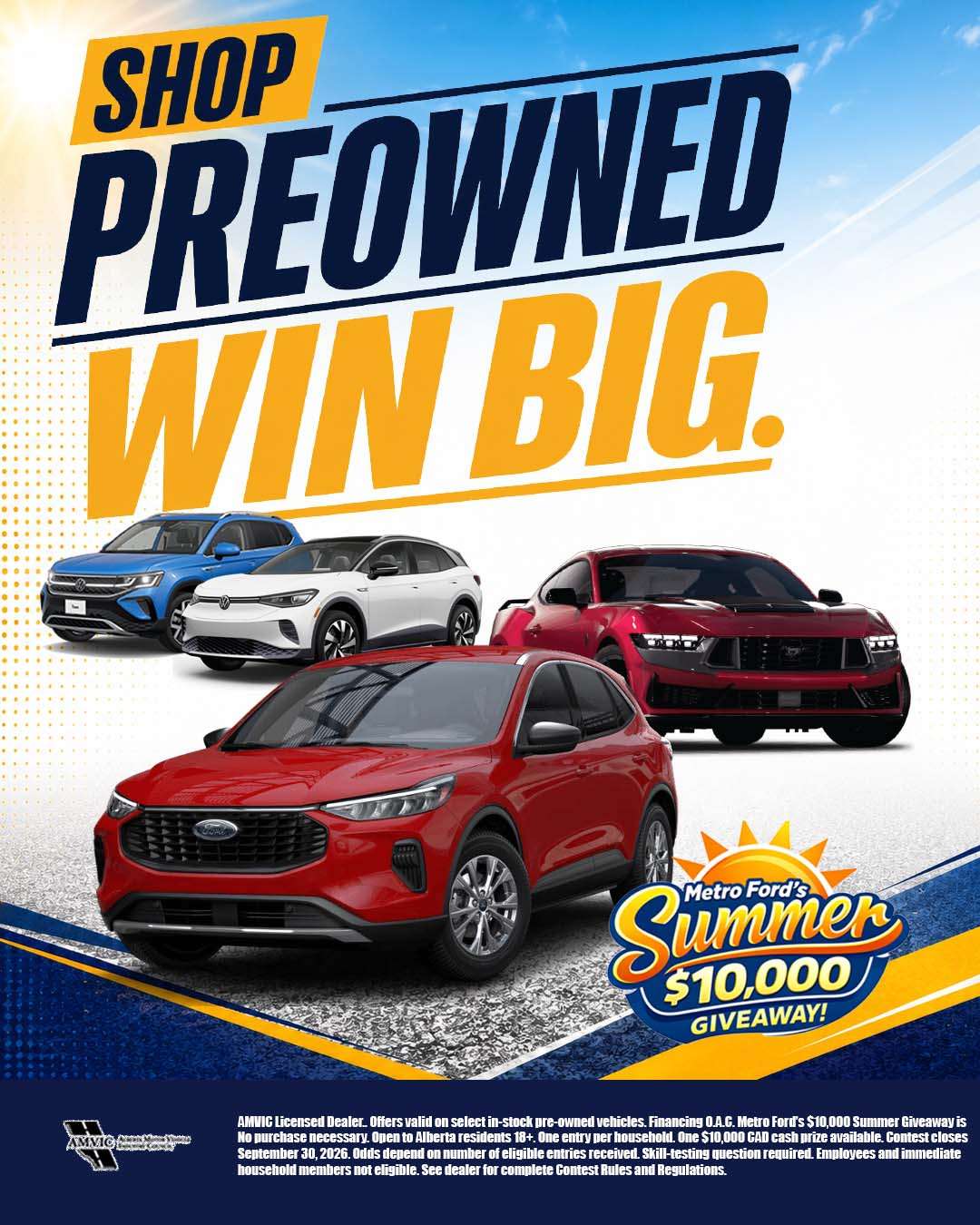 Selection of pre-owned SUVs and cars available at Metro Ford in Calgary with Summer $10,000 Giveaway promotion.