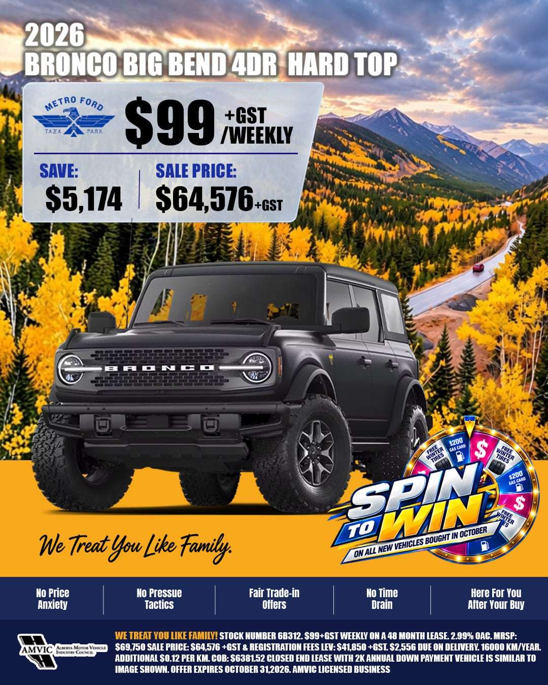 2026 Ford Bronco Big Bend 4-Door Hard Top October special at Metro Ford Calgary