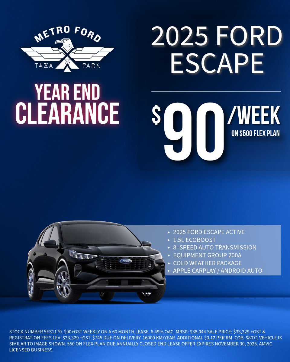 2025 Ford Escape Year End Clearance – Lease from $90 per week at Metro Ford Calgary.