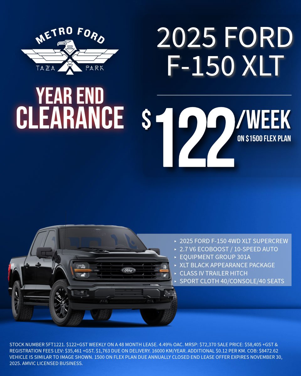 2025 Ford F-150 XLT Year End Clearance – Lease from $122 per week at Metro Ford Calgary.