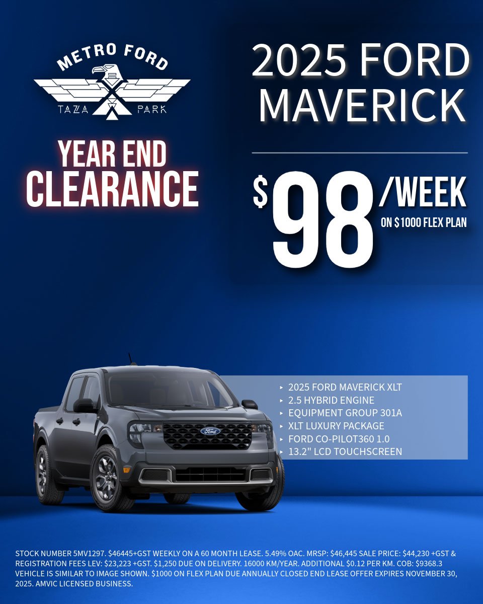 2025 Ford Maverick XLT Hybrid Year End Clearance – Lease from $98 per week at Metro Ford Calgary.