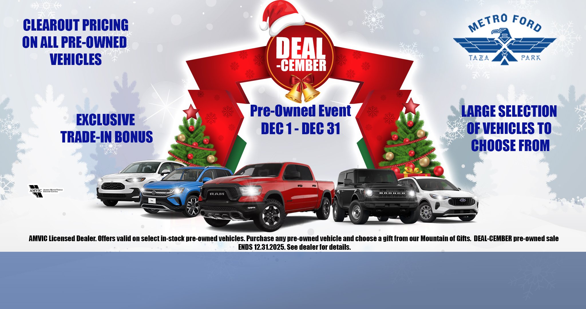 DEAL-CEMBER pre-owned parking lot sale at Metro Ford Calgary featuring trucks and SUVs during December clearance event