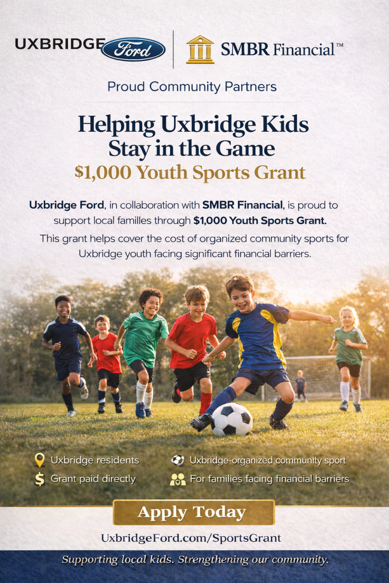 Children playing soccer on a field with text promoting a $1,000 Youth Sports Grant from Uxbridge Ford and SMBR Financial to support Uxbridge families.