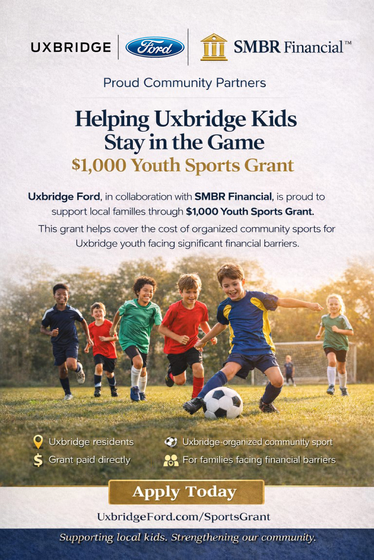 Children playing soccer on a field with text promoting a $1,000 Youth Sports Grant from Uxbridge Ford and SMBR Financial to support Uxbridge families.