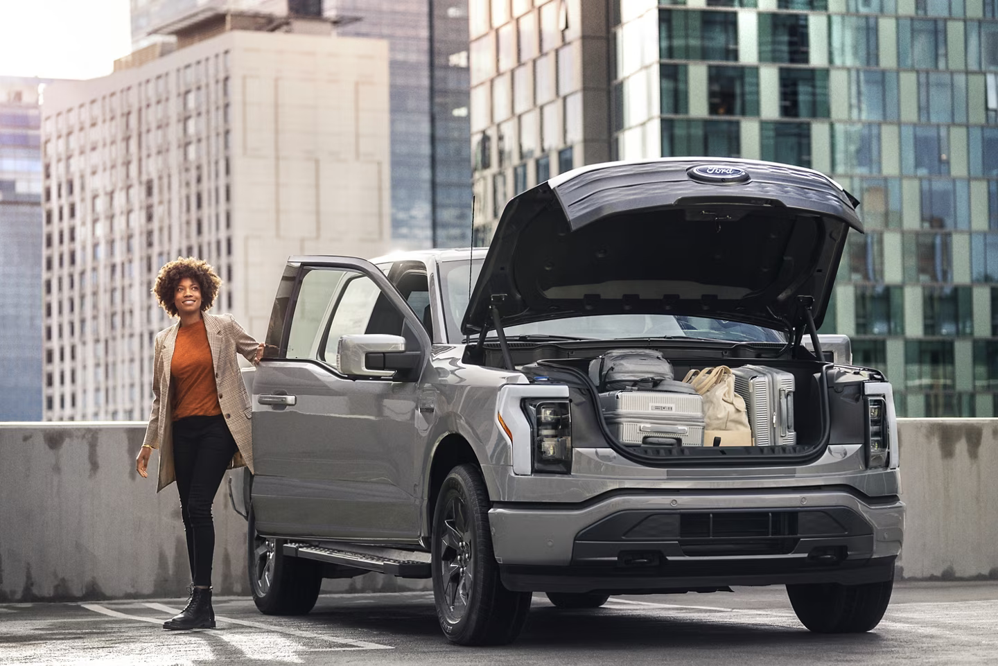 2023 Ford F-150 Lightning showing off the large frunk storage capabilities.