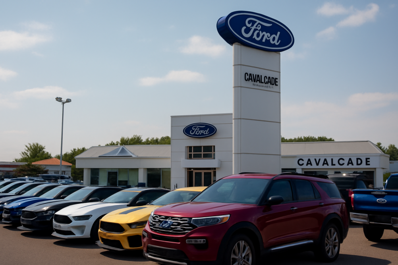 The front of the Cavalcade Ford dealership with many new and used vehicles.