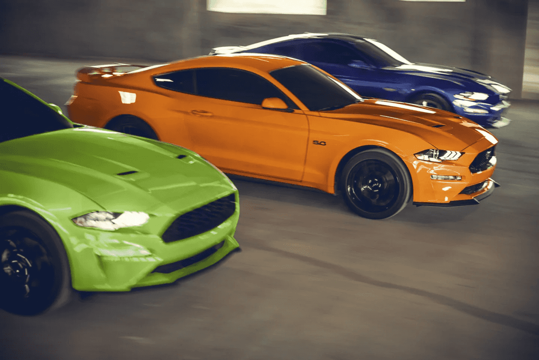 Ford Mustangs in three different trims