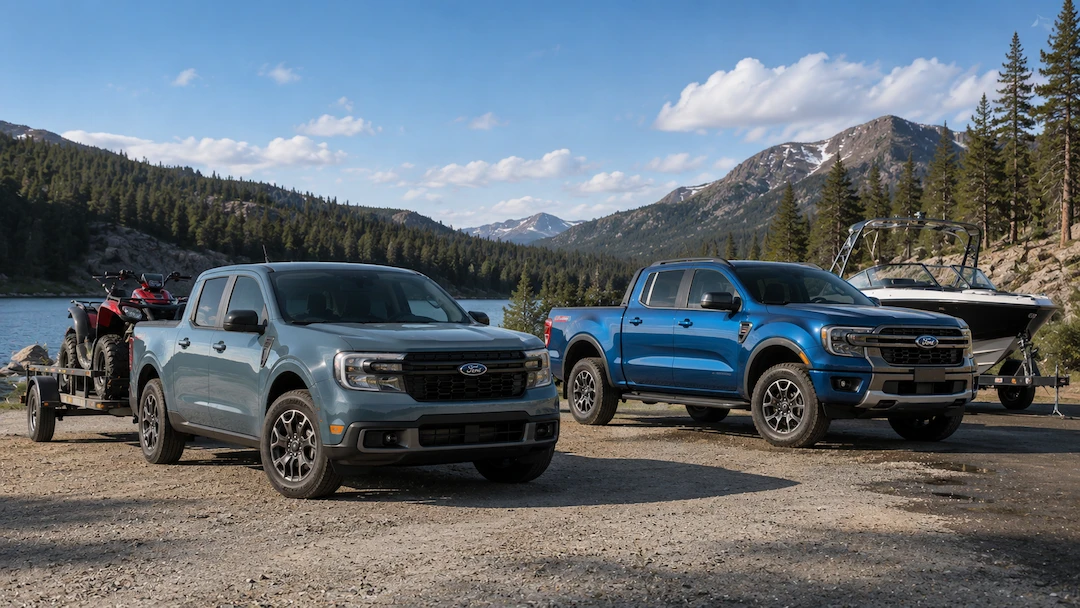 Camionnettes Ford remorquant un VTT et un bateau en montagne.
