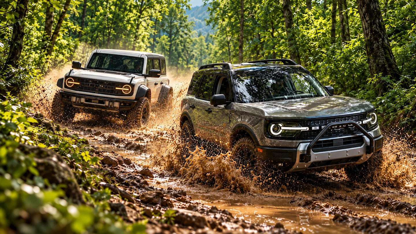 Ford Bronco et Bronco Sport 2026 traversant un sentier boueux en forêt.