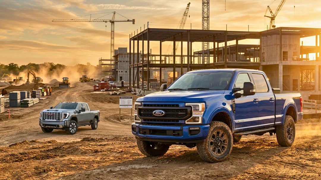 Ford F-250 bleu et GMC Sierra 2500 gris sur un chantier de construction.