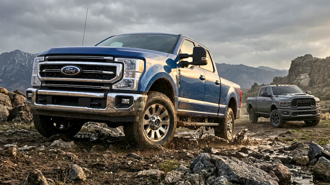 Ford Super Duty F-250 bleu et RAM 2500 gris sur un terrain rocheux.