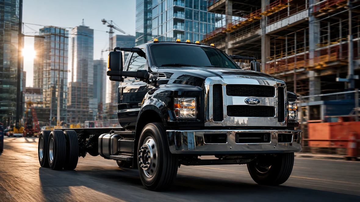 Camion à châssis-cabine Ford F-650 noir circulant près d’un chantier.