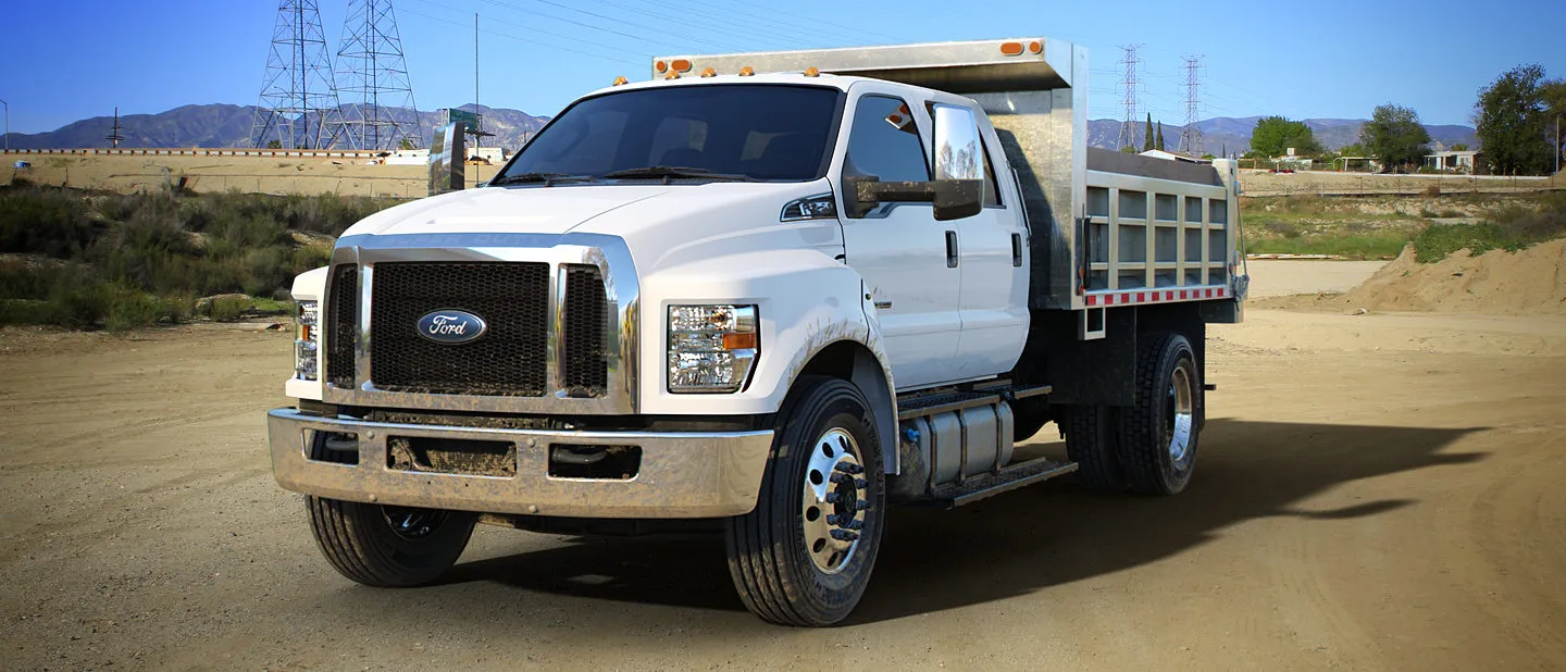 Ford F-650 blanc avec benne basculante conçu pour le transport de charges lourdes.