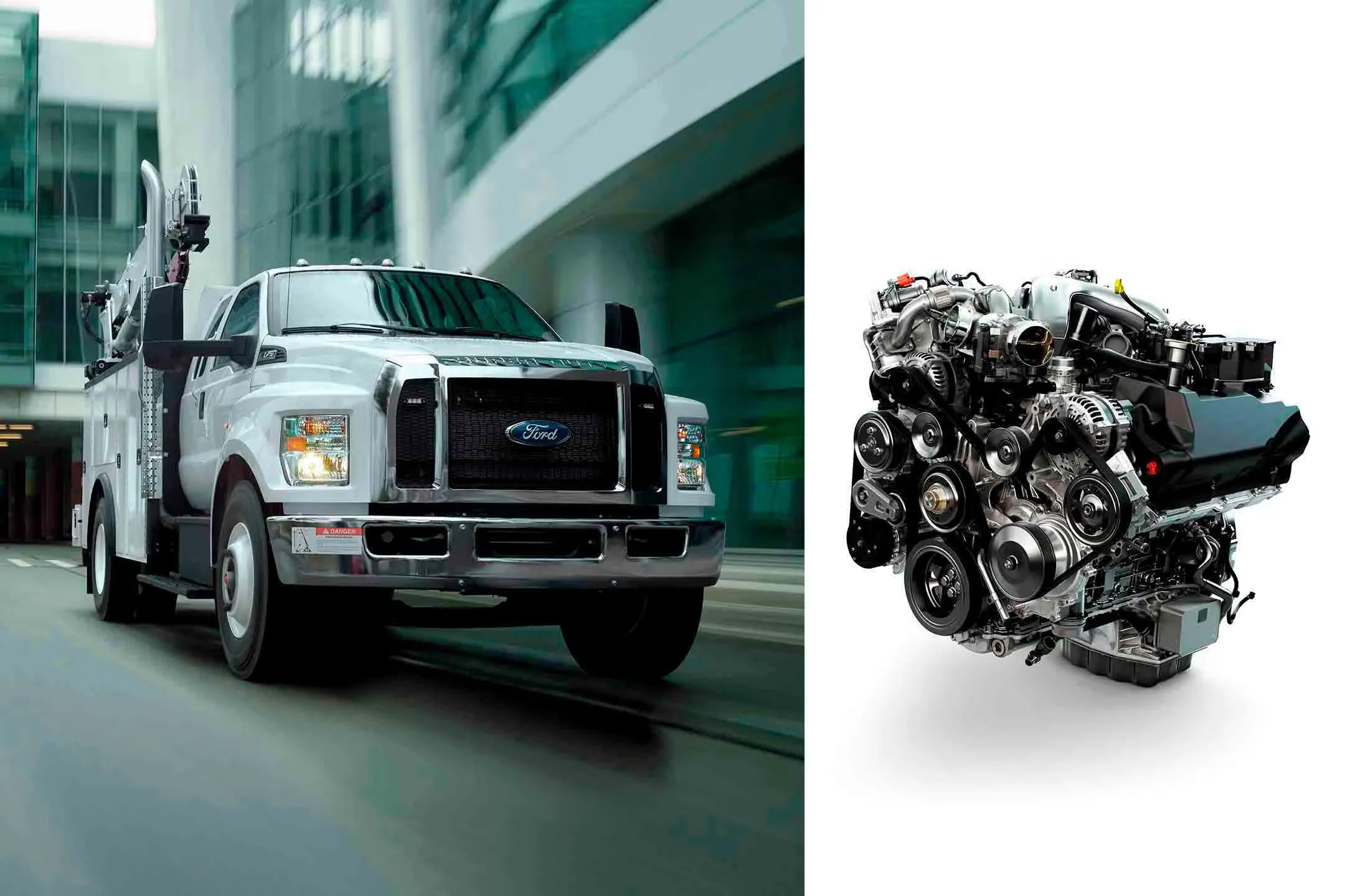 Ford F-750 de remorquage accompagné de son moteur Power Stroke diesel.