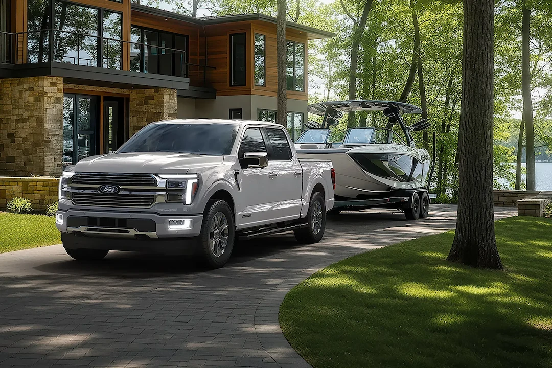 Ford F-150 blanc remorquant un bateau devant une maison au bord d’un lac.