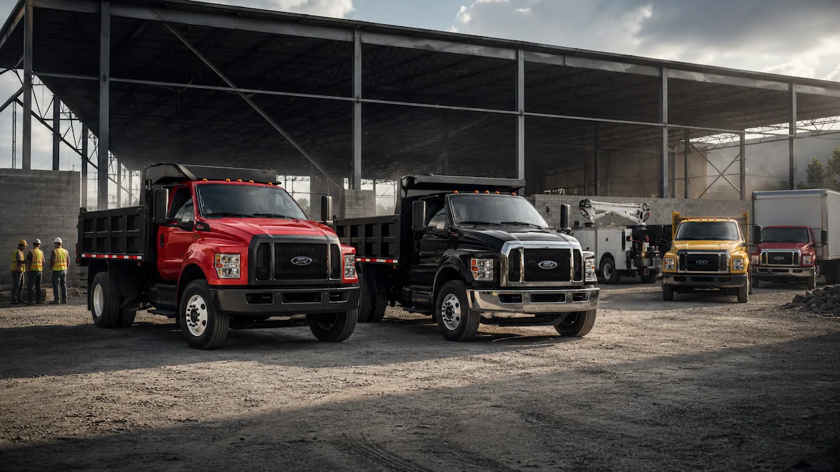 Camions commerciaux Ford F-650 et F-750 sur un chantier de construction.