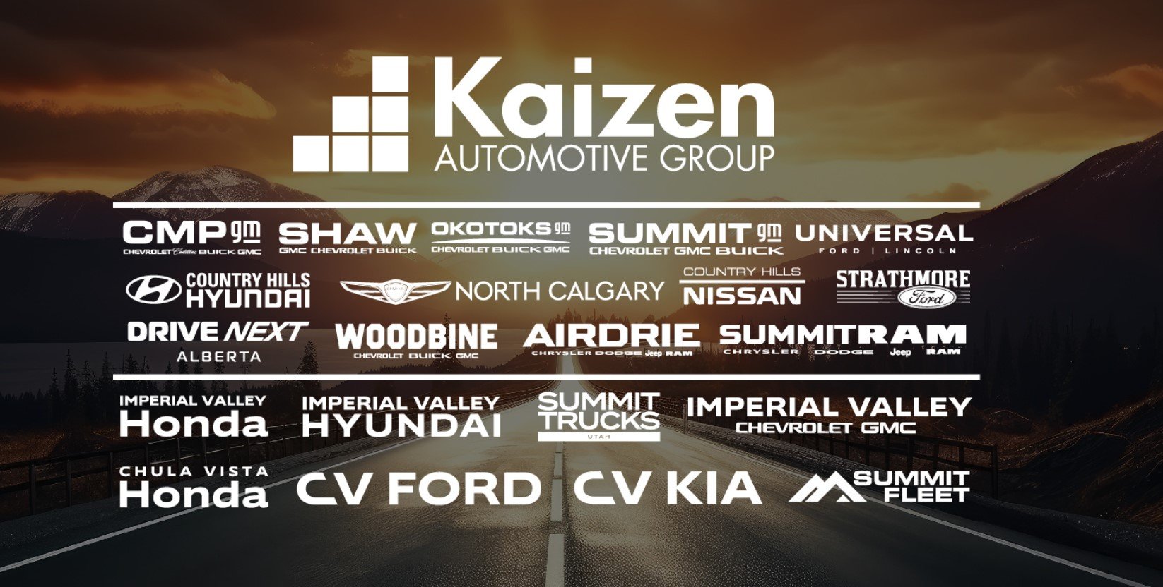 A sunset highway backdrop with Kaizen Automotive Group logo positioned above the dealership logos it is parent of, with strathmore ford near top right